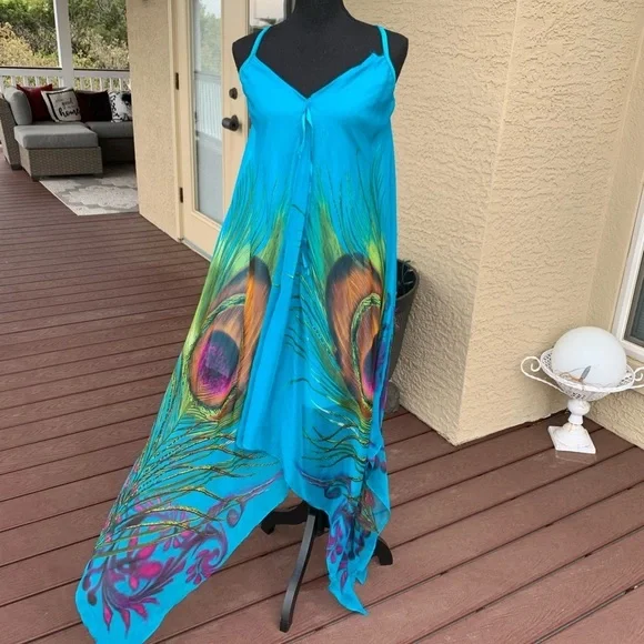 Indian Tropical Bohemian‎ Blue Dress Peacock Print - Picture 7 of 16